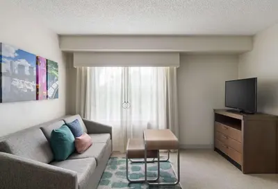 a living room with a couch and a tv at Homewood Suites by Hilton Lake Mary Orlando North in Lake Mary