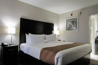 a large bed in a hotel room with two lamps at Quality Inn & Suites Kissimmee near Main Gate in Orlando