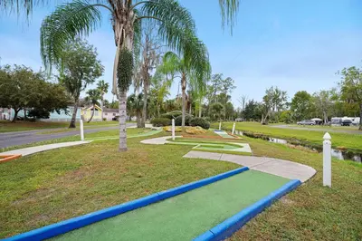a park with blue and green grass and palm trees at Tropical Palms Resort in Orlando