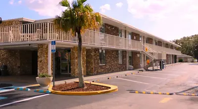 a palm tree in a parking lot in front of a building at Magic Key - Near Disney in Kissimmee