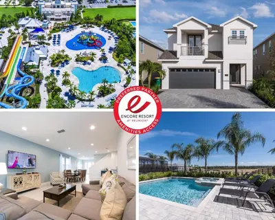 a collage of pictures of a house with a swimming pool at Modern Home Near Disney With Private Pool, Media Room And Waterpark & Resort Access At Encore Resorts Reunion - 7576Mr in Kissimmee