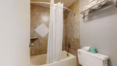 a bathroom with a toilet and a shower with a shower curtain at Days Inn by Wyndham Orlando Downtown in Orlando