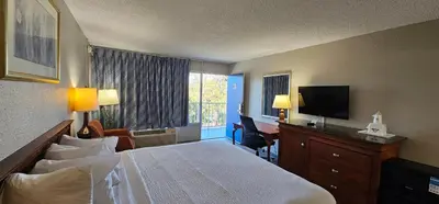 a hotel room with a bed and a television at Days Inn by Wyndham Orlando Downtown in Orlando