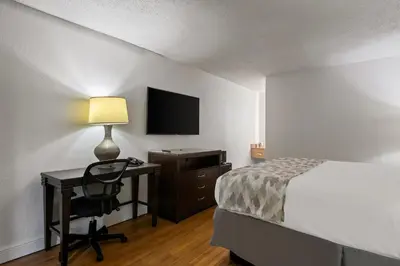 a hotel room with a bed and a desk with a television at Americas Best Value Inn Orlando, FL in Orlando