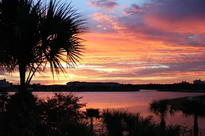 a sunset over a body of water with a palm tree at Shoreway Condo #231520 in Orlando