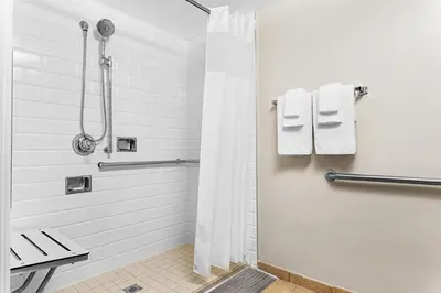 a shower with a shower curtain in a bathroom at Marriott's Grande Vista in Orlando