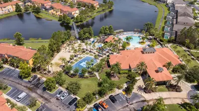 an aerial view of a resort with a swimming pool at 7 Bedroom Mansion Near Disney in Kissimmee