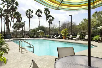 a pool with chairs and a table and palm trees at Embassy Suites by Hilton Orlando Airport in Orlando