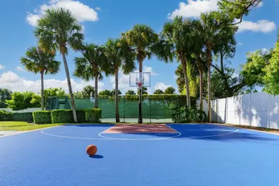 a basketball court with palm trees and a basketball hoop at Embassy Suites by Hilton Orlando Lake Buena Vista Resort in Orlando