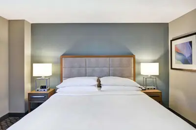 a large bed in a hotel room with two lamps at Embassy Suites by Hilton Orlando Downtown in Orlando