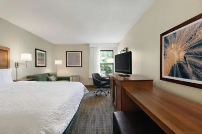 a hotel room with a bed and a desk with a television at Hampton Inn Orlando International Drive Convention Center in Orlando