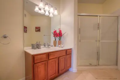 a bathroom with a sink and a shower at Lofty Lodge in Orlando