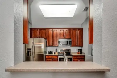 a kitchen with wooden cabinets and stainless steel appliances at Newly Updated Condo w Scenic Resort View in Orlando