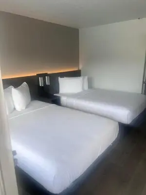 two beds in a hotel room with white sheets at Motel 6-Orlando, FL - Winter Park in Orlando