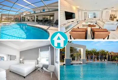 a collage of pictures of a house with a swimming pool at Sonoma Resort 7 Bedroom Home with Pool 1849 in Kissimmee