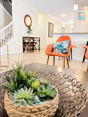 a living room with a table with a bowl of plants at DWS Vacation Villas in Orlando