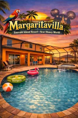 a magazine cover of a swimming pool in a resort at Margaritavilla at Emerald Island in Kissimmee
