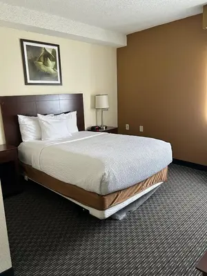 a hotel room with a large bed with white pillows at Baymont by Wyndham Orlando South in Orlando