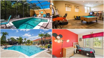 a collage of photos with a pool and a house at Bikini on the Beach at Terra Verde Resort in Kissimmee