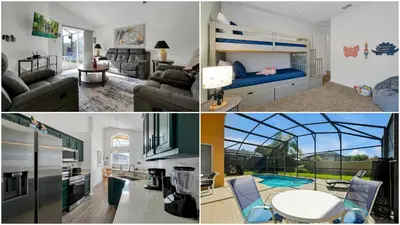 a collage of photos of a living room and a bedroom at Bikini Bottom - 4 bed Disney pool home in Kissimmee