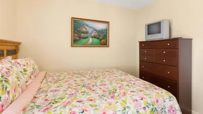 a bedroom with a bed and a tv on a dresser at Rhapsody Palms - Family 4-bed pool home that's close to Disney in Kissimmee