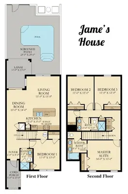a rendering of the james house floor plans at F - New 4 Bedroom Home - 5 Miles to Disney - Free Water Park - Private Pool in Kissimmee