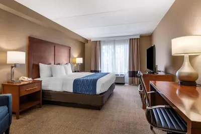 a hotel room with a bed and a desk and a television at Comfort Inn & Suites Orlando North in Sanford