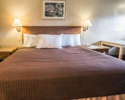 a large bed with white pillows in a hotel room at Rodeway Inn Apopka South in Orlando