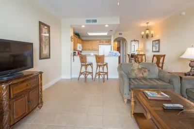 a living room with a couch and a tv at Beautiful Apartment close to Disney, fully equipped Amazing lake views in Orlando