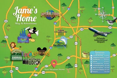 a map of james home amusement park at H - New 2 Bedroom Condo - 5 Miles to Disney - Free Water Park in Kissimmee