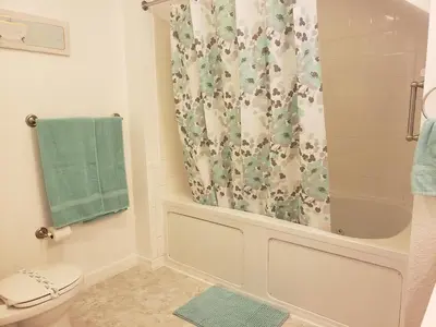 a bathroom with a shower curtain and a toilet at Kissimmee 3bed Villa Near Disney in Kissimmee