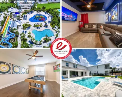 a collage of photos of a hotel with a pool and a resort at Magnificent Home Near Disney With Theater Room, Pool Table, Waterpark & Resort Access At Encore Resort Reunion - 7448Mr in Kissimmee