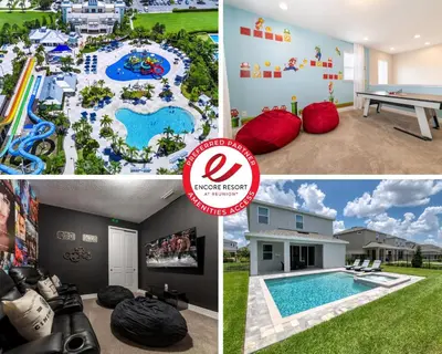 a collage of pictures of a pool and a house at Precious Home Near Disney With Private Pool, Theater Room And Waterpark & Resort Access At Encore Resort Reunion - 7449Mr in Kissimmee