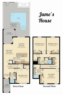a floor plan of a house at I - New 4 Bedroom Home - 5 Miles to Disney - Free Water Park - Private Pool in Kissimmee