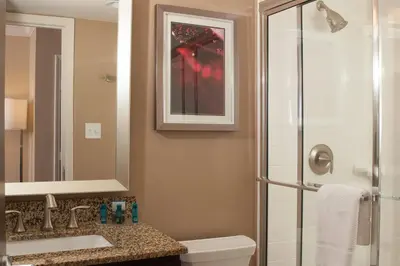 a bathroom with a shower and a sink and a toilet at Delta Hotels by Marriott Orlando Lake Buena Vista in Orlando