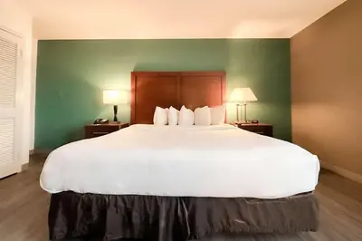 a large white bed in a room with green walls at The Adventure Hotel by the Parks in Orlando