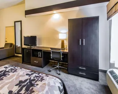 a bedroom with a bed and a desk with a television at Sleep Inn & Suites Orlando International Airport in Orlando
