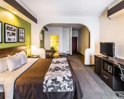 a hotel room with a bed and a flat screen tv at Sleep Inn & Suites Orlando International Airport in Orlando