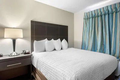 a hotel room with a bed and a lamp and curtains at Clarion Inn & Suites Kissimmee-Lake Buena Vista South in Kissimmee