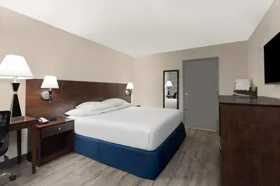 a bedroom with a bed and a desk and a television at Days Inn by Wyndham Orlando Conv. Center/International Dr in Orlando