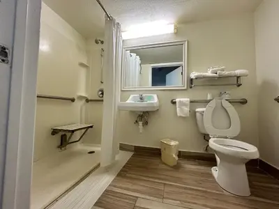 a bathroom with a toilet and a sink and a mirror at Monumental Movieland Hotel in Orlando