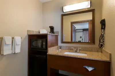 a bathroom with a sink and a mirror and a microwave at Rosen Inn at Pointe Orlando in Orlando