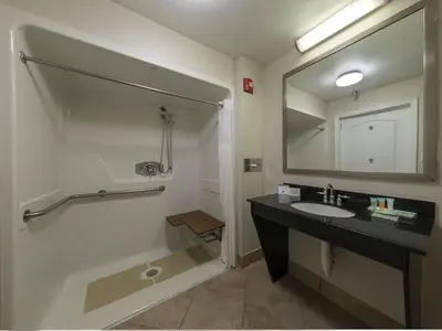 a bathroom with a sink and a shower and a mirror at Galleria Palms Orlando - Free Theme Park Shuttles in Orlando