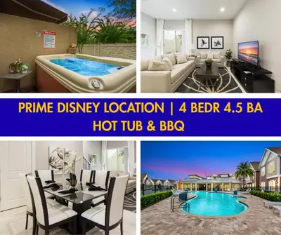a collage of photos of a living room and a villa at 5min Disney Lovely Villa Hot tub 130 in Orlando