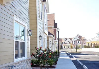 a street in a town with houses and flowers at 5min Disney Lovely Villa Hot tub 130 in Orlando