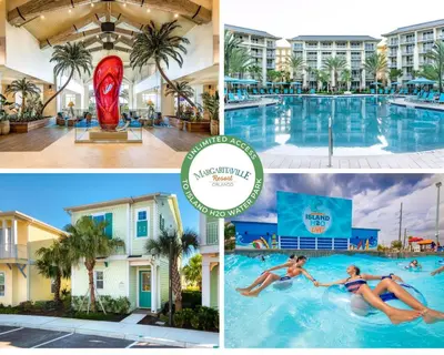 a collage of photos of a pool at a hotel at Bright Cottage Near Disney With Margaritaville Resort & Island H2O Access - 8020Sb in Orlando