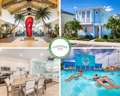a collage of photos of a house and a swimming pool at Margarita Beach House Cottage Near Disney With Private Hot Tub & Island H20 Waterpark Access - 3074Pi in Orlando