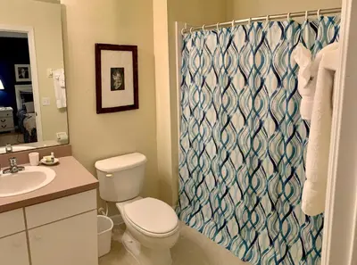 a bathroom with a toilet and a shower curtain at Terra Verde Vacation Rentals in Kissimmee