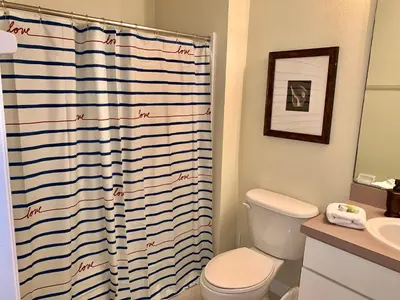 a bathroom with a toilet and a shower curtain at Terra Verde Vacation Rentals in Kissimmee