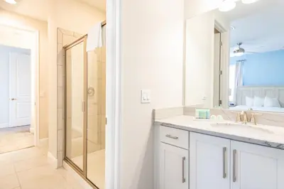 a bathroom with a sink and a shower at Vibrant Home With Private Pool, Pool Table Near Disney With Waterpark & Resort Access At Encore Resort - 7707Gr in Kissimmee